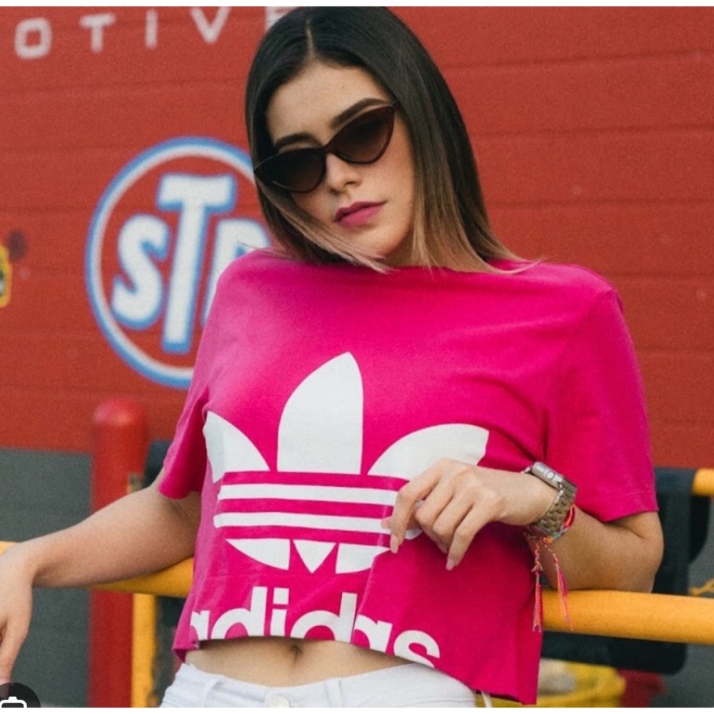 Adidas Originals Women Hot Pink Trefoil Logo Cropped T-Shirt Size Small